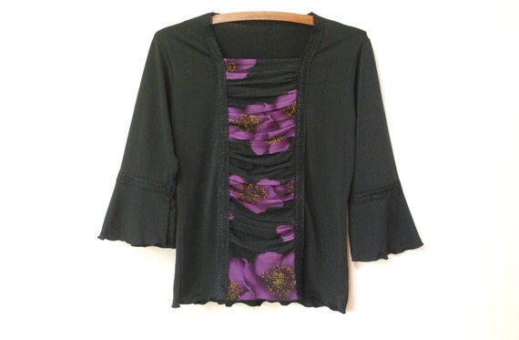90s Floral Black and Purple Lace Blouse, Vintage … - image 1