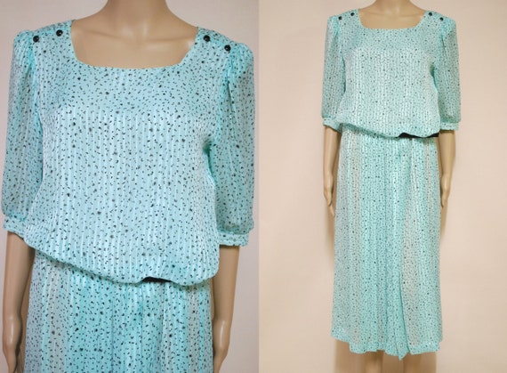 70s Vintage Puffed Sleeves Pastel Blue Dress, Sem… - image 1