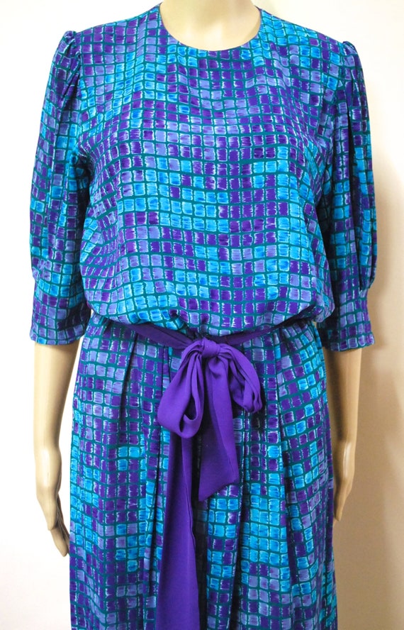 70s Abstract Paint Test Checker Print Dress, Vint… - image 5