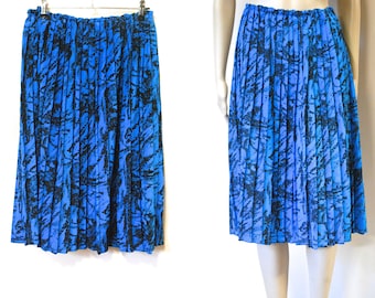 80s Blue Abstract Marbled Print Skirt, Vintage Pleated Mid Length High Waist VTG 1980s Size M-L