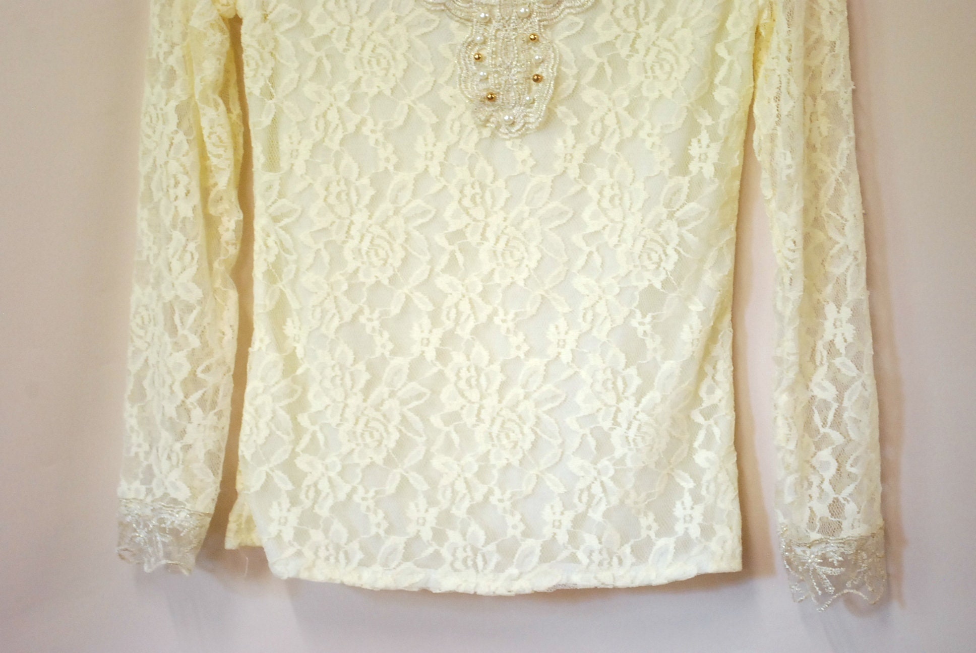 Vintage 90's Black Sheer Lace Top / Long Sleeve See Through