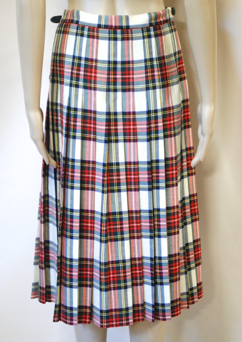 70s Tartan Wool Skirt Vintage Plaid Pleated Kilt Checkered Retro Check Mid Length Wrap Buckles High Waist Vtg 1970s Size M