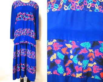 80s Blue Abstract Print Drop Waist Dress, Vintage Diane Freis Style Mid Length Long Sleeve Eighties Layered VTG 1980s Size L Large