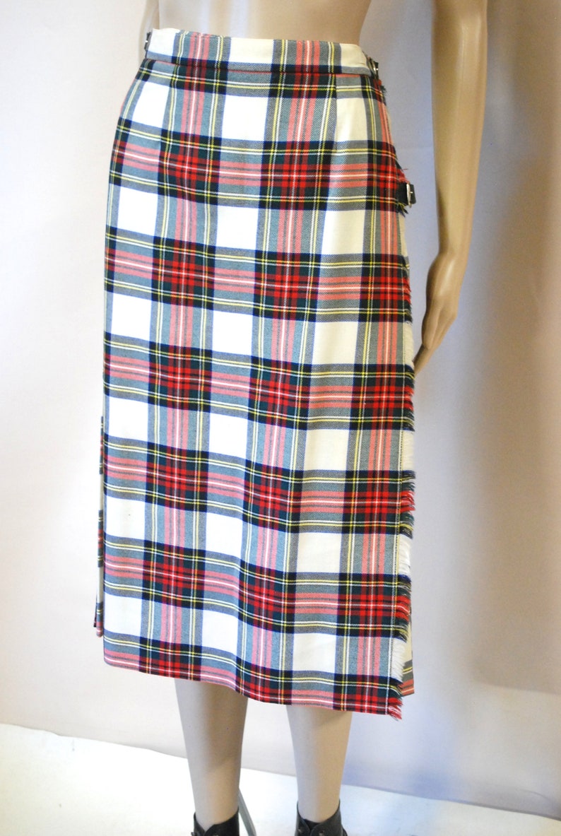 70s Tartan Wool Skirt Vintage Plaid Pleated Kilt Checkered Retro Check Mid Length Wrap Buckles High Waist Vtg 1970s Size M