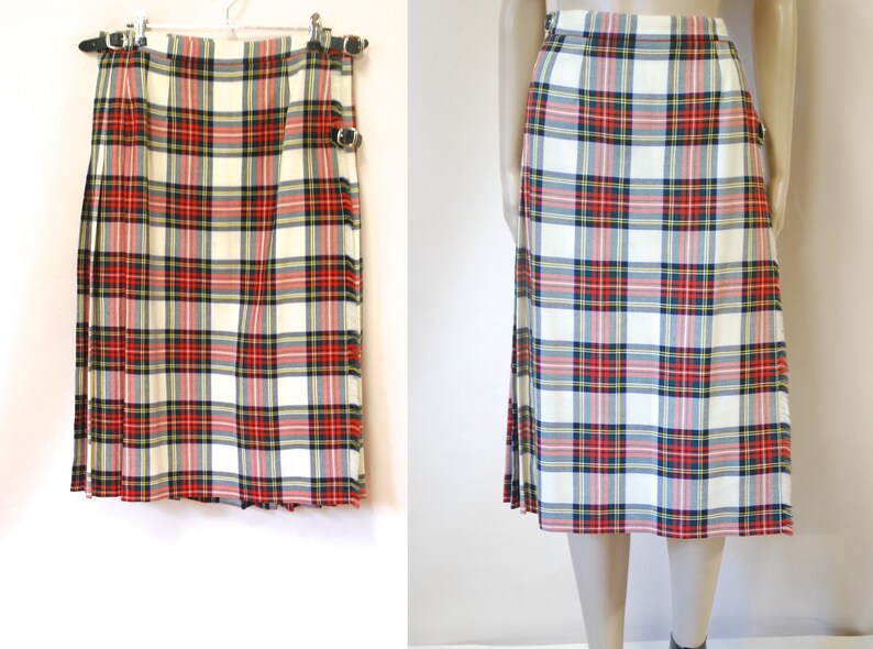 70s Tartan Wool Skirt Vintage Plaid Pleated Kilt Checkered Retro Check Mid Length Wrap Buckles High Waist Vtg 1970s Size M