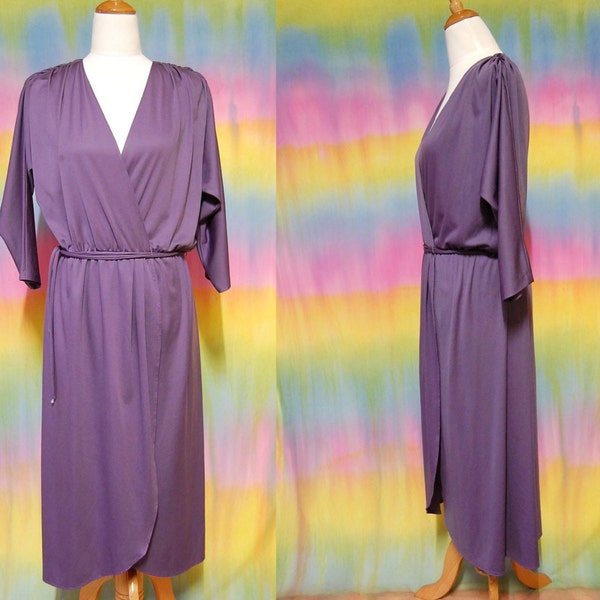 80s Vintage Purple Dress Grecian Drape Plunge Neckline Gown Mid Length Evening Vtg 1980s M-L