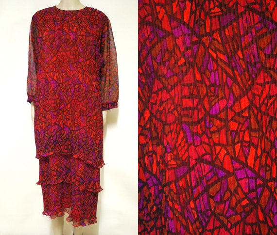 80s Vintage Red Abstract Cubist Print Dress, Tier… - image 6