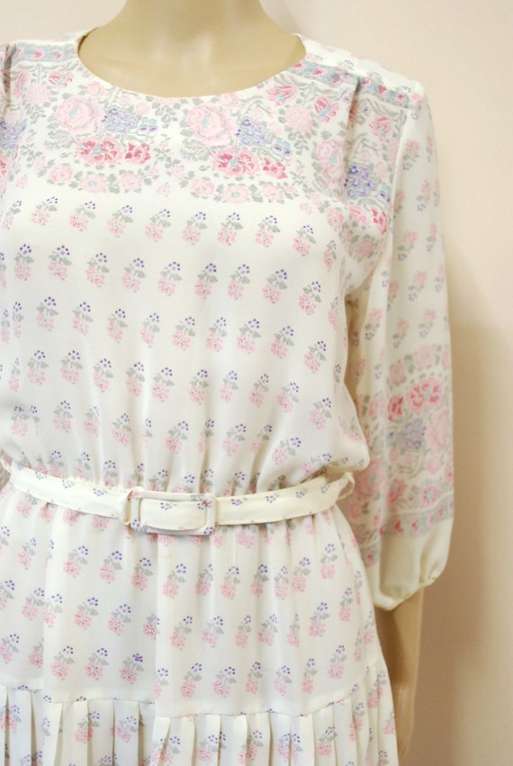 VINTAGE 60s 70s WHITE PINK PURPLE FLORAL STRIPED FLUTTER SLEEVE SWING DRESS 14
