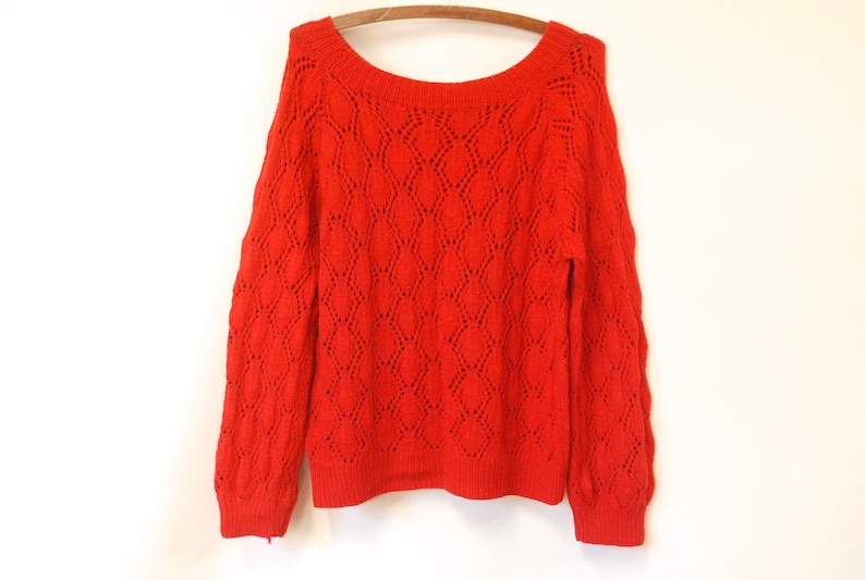 70s Red Knitted Sweater Vintage Wool Blend Jumper Retro Crochet Wide Neckline Vtg 1970s Size S-M
