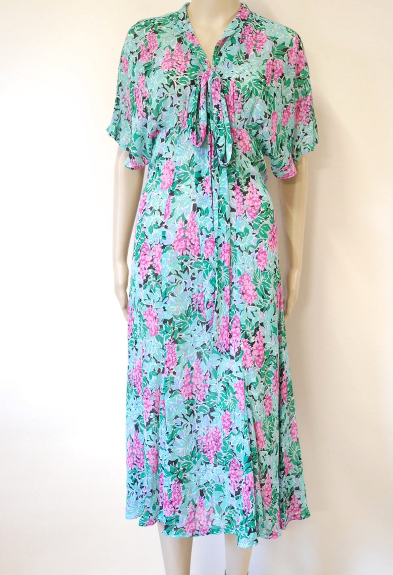 70s Green and Pink Floral Pussy Bow Dress Vintage Rayon - Etsy Australia