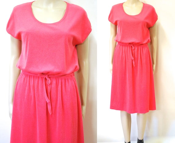 80s Hipster Pink Terry Towel Casual Dress, Vintage