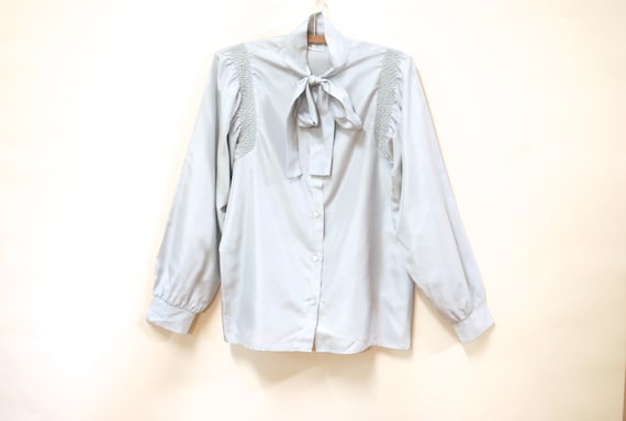 80s Pale Grey Pussy Bow Blouse, Vintage Puff Sleev