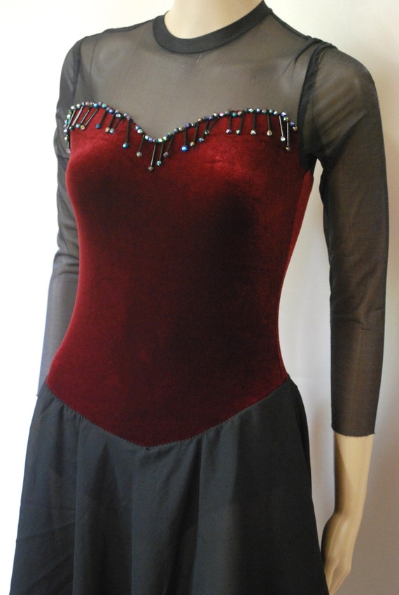 90s Blood Red Velvet Bodysuit Dress, Vintage Hank… - image 4