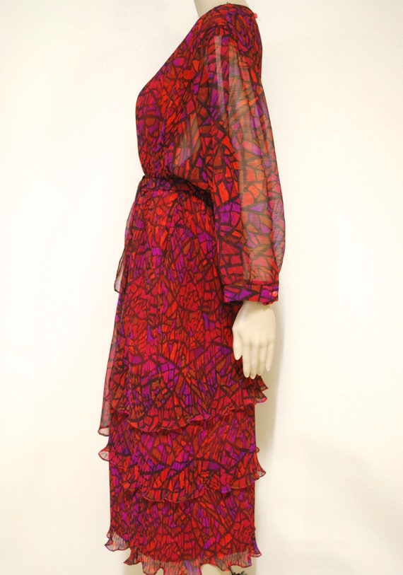 80s Vintage Red Abstract Cubist Print Dress, Tier… - image 8