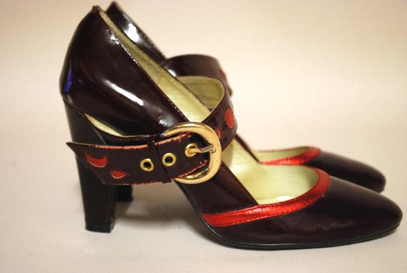 90s Patent Leather Mary Jane High Heel Shoes, Red… - image 4