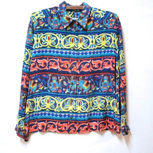 1990s Super Soft Rayon Unisex Shirt Vintage Boho Hippie Long Sleeve Button Down Blouse Rainbow VTG 90s Size S-M