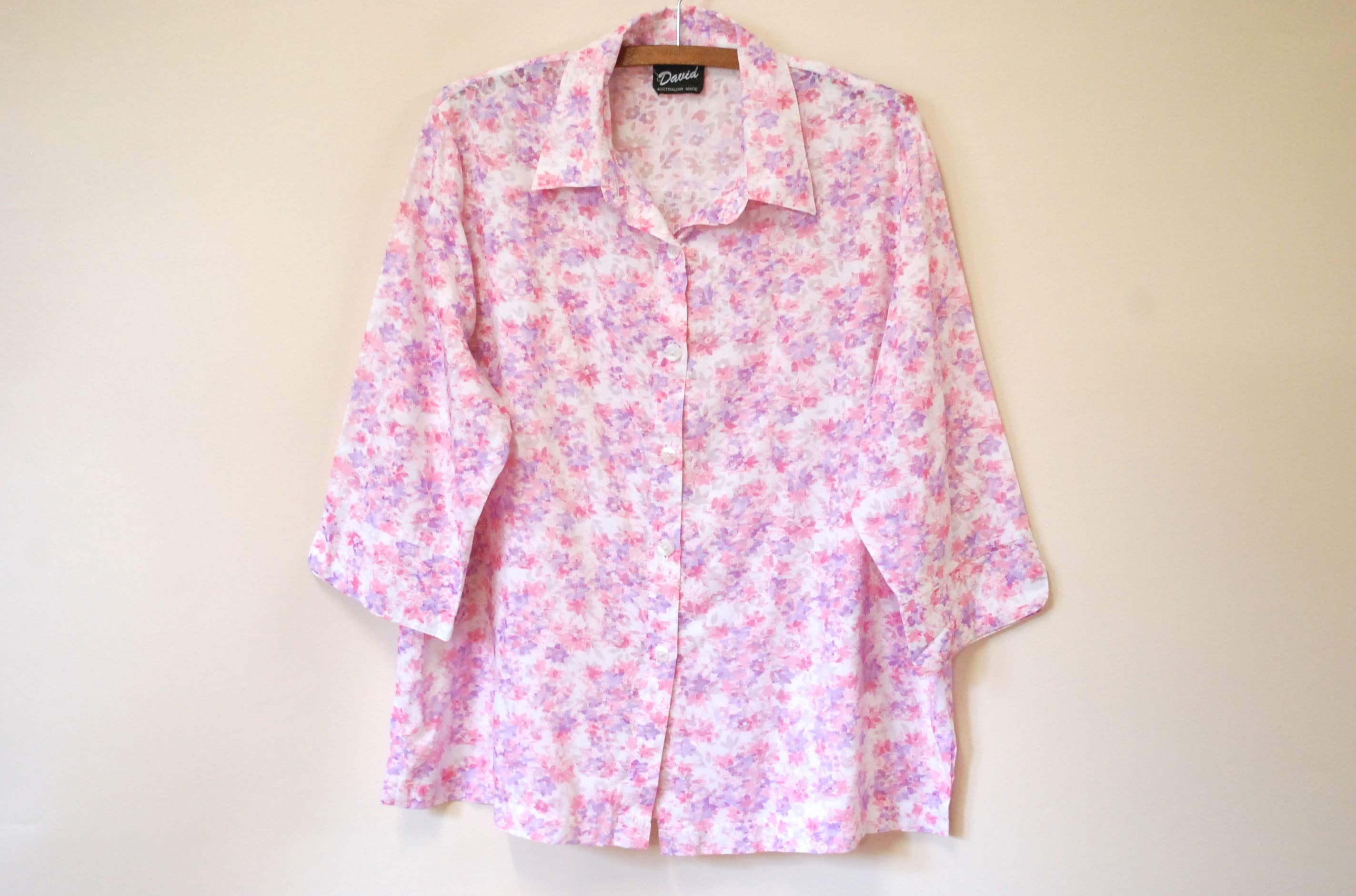 80s Vintage Pink Cotton Floral Shirt, 3/4 Length Sleeves