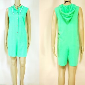 80s Hooded Fluorescent Green Jumpsuit, Romper Vintage Hoodie Shorts Eighties Kawaii Retro Pantsuit Clubkid 1980s VTG Size S-M image 1