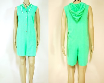 80s Hooded Fluorescent Green Jumpsuit, Romper Vintage Hoodie Shorts Eighties Kawaii Retro Pantsuit Clubkid 1980s VTG Size S-M