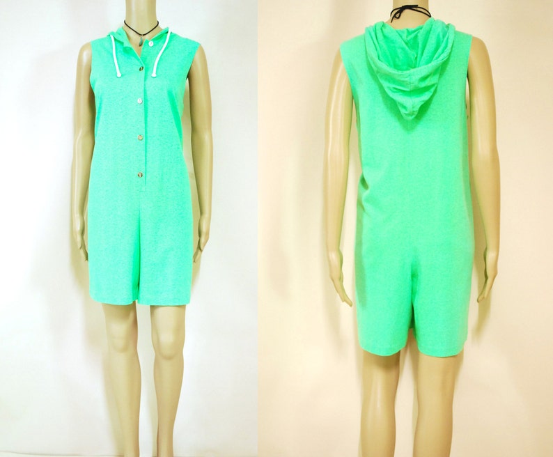 80s Hooded Fluorescent Green Jumpsuit, Romper Vintage Hoodie Shorts Eighties Kawaii Retro Pantsuit Clubkid 1980s VTG Size S-M image 1