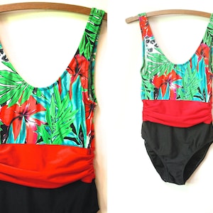 80s Vintage Floral Swimsuit One Piece, Monstera Plant Swimwear Bathers, Eighties Retro VTG 1980s Swimmers Size XS-S