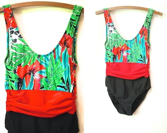 80s Vintage Floral Swimsuit One Piece, Monstera Plant Swimwear Bathers, Eighties Retro VTG 1980s Swimmers Size XS-S