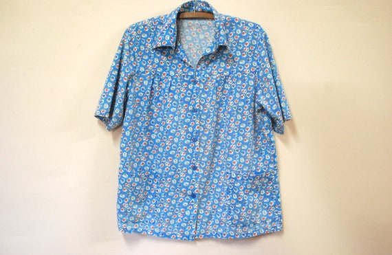 80s Oversized Blue Carnation Floral Hipster Shirt,