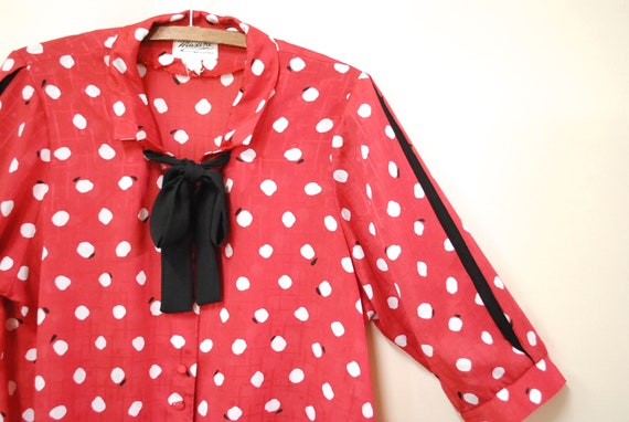 80s Hipster Polka Dot Pussy Bow Blouse, Vintage S… - image 2