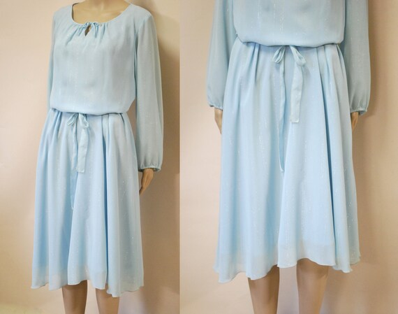 70s Pastel Blue Metallic Puff Sleeve Dress, Vinta… - image 4