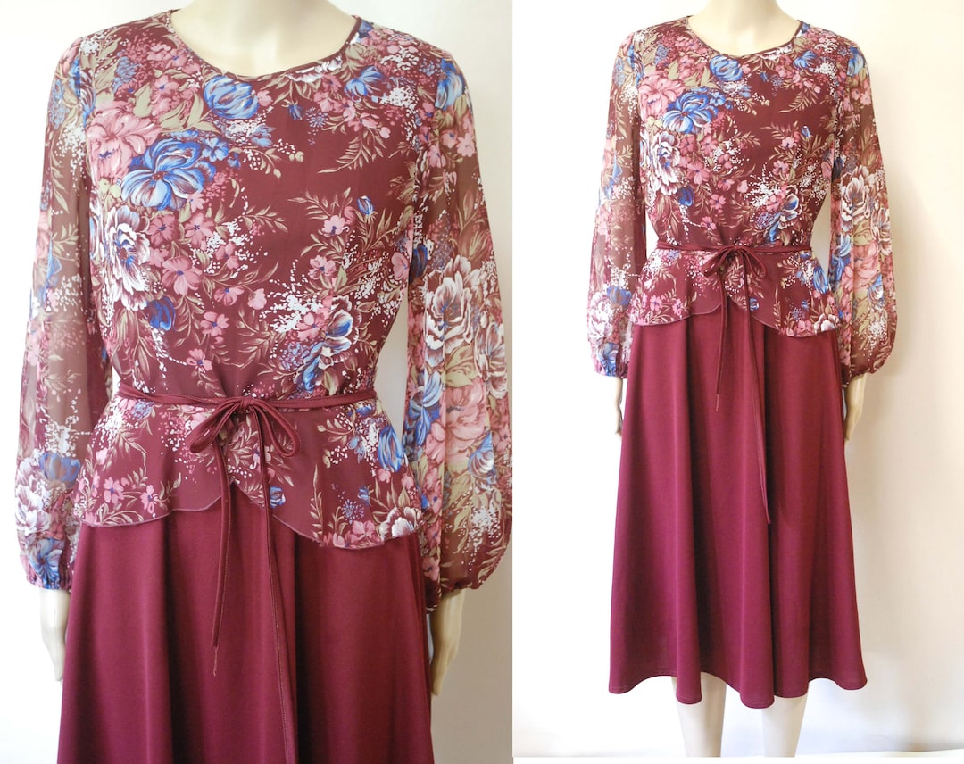 70s Floral Lace Puff Sleeve Vintage Dress, Seventies Retro