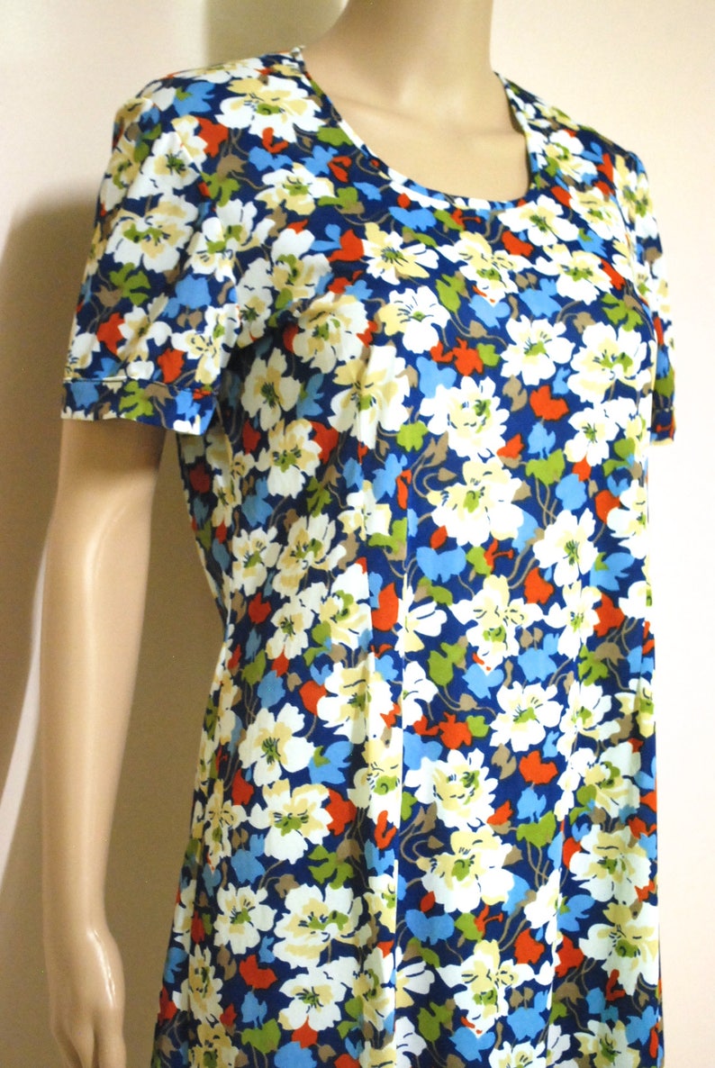 May include: A short-sleeved dress with a round neckline and a floral print. The dress features a blue background with white, red, and green flowers.