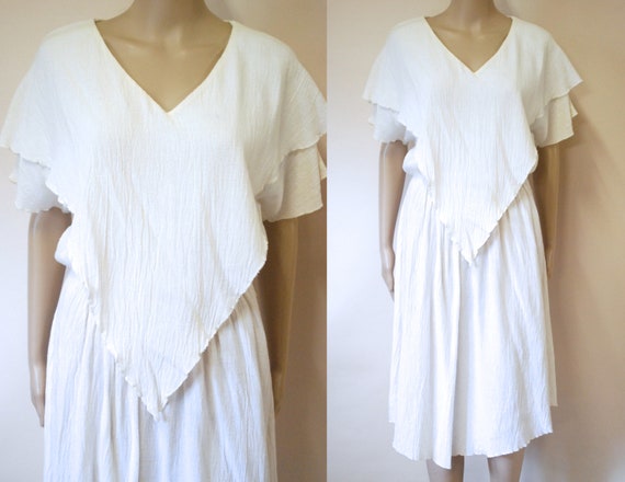 70s White Vintage Gauze Cheesecloth layered Dress,