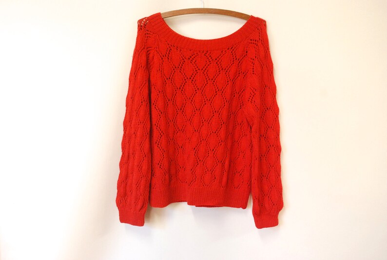 70s Red Knitted Sweater Vintage Wool Blend Jumper Retro Crochet Wide Neckline Vtg 1970s Size S-M