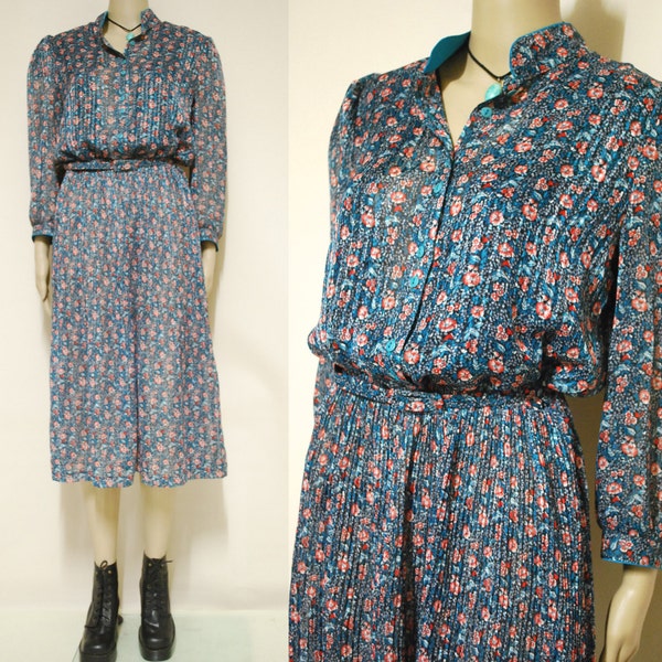 70s Vintage Floral Sheer Dress Mid Length Button up Eighties Secretary Long Sleeve Lined Vtg 1970s S-M