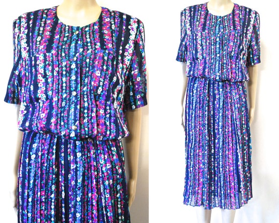 70s Floral Pleated Skirt Dress with Pockets, Vint… - image 1