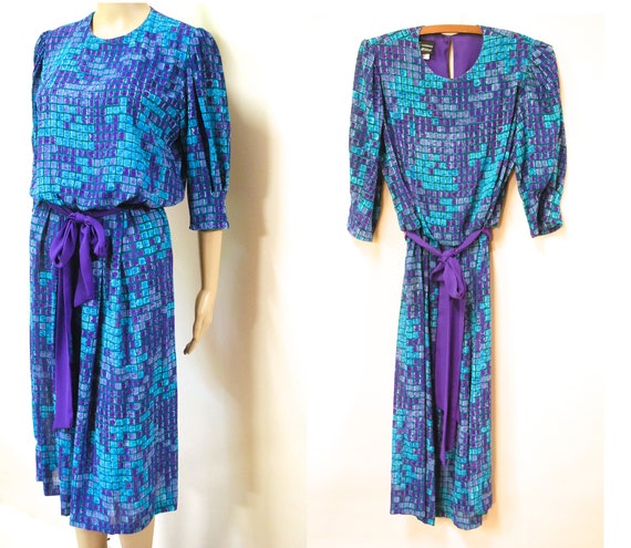 70s Abstract Paint Test Checker Print Dress, Vint… - image 3