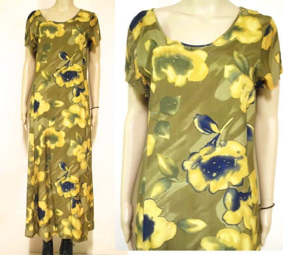 90s Grunge Floral Watercolour Sunflower Dress, Vi… - image 1