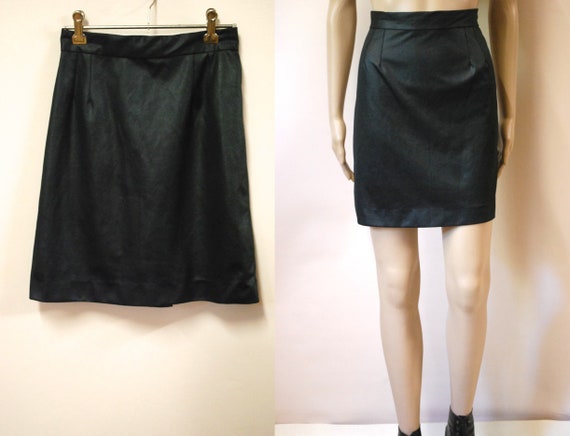 90s Black High Waist Faux Leather Mini Skirt, Vin… - image 1