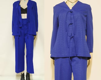 70s Two Piece Suit Jacket and Flared Pants, Vintage  Ensemble Set High Waist Blue Trousers Retro Hippie Seventies Boho 1970s VTG Size S-M