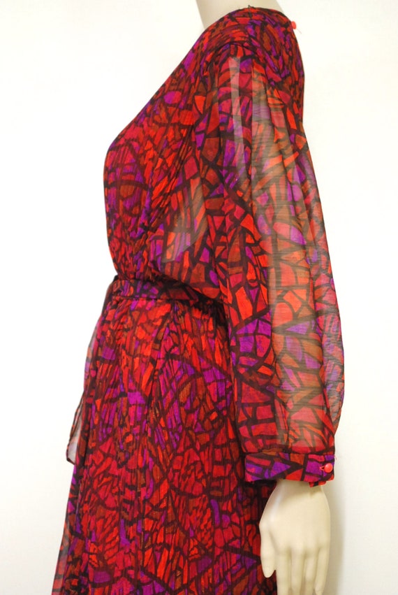 80s Vintage Red Abstract Cubist Print Dress, Tier… - image 7