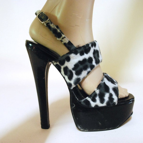 90s Animal Print Velvet Platforms High Heel Shoes, Vintage Leopard Stilettos Sandal Strap Nineties VTG Pumps 1990s Size US 6