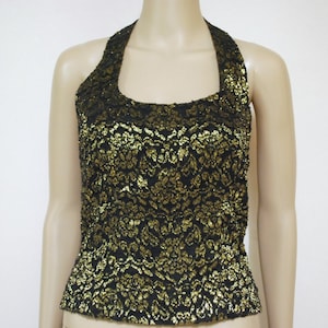 90s Vintage Gold Lace Halter Neck Top, Cropped Black Floral Open Back, Nineties Evening Wear VTG 1990s Size XS