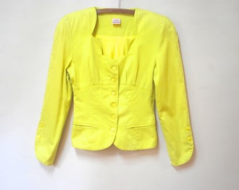 1980s Canary Yellow Tailored Jacket Vintage Blazer Retro Cute Cut out Neckline Cotton Button Down VTG 80s Size XS-S