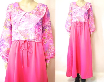 70s Retro Pink Lace Day-Glo Dress, Vintage Flower Print Sheer Puffed Sleeve Mod Hippie Maxi Length Impressionist Print VTG 1970s S-M
