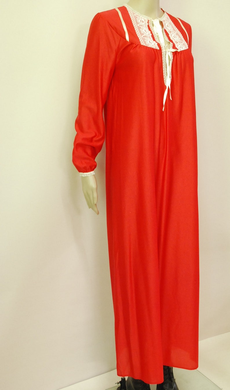 70s Red Lace Slip Nightie Dress Vintage Long Length Long Sleeves Retro Tie Up Front Hippie Lingerie VTG Seventies 1970s Size S-M