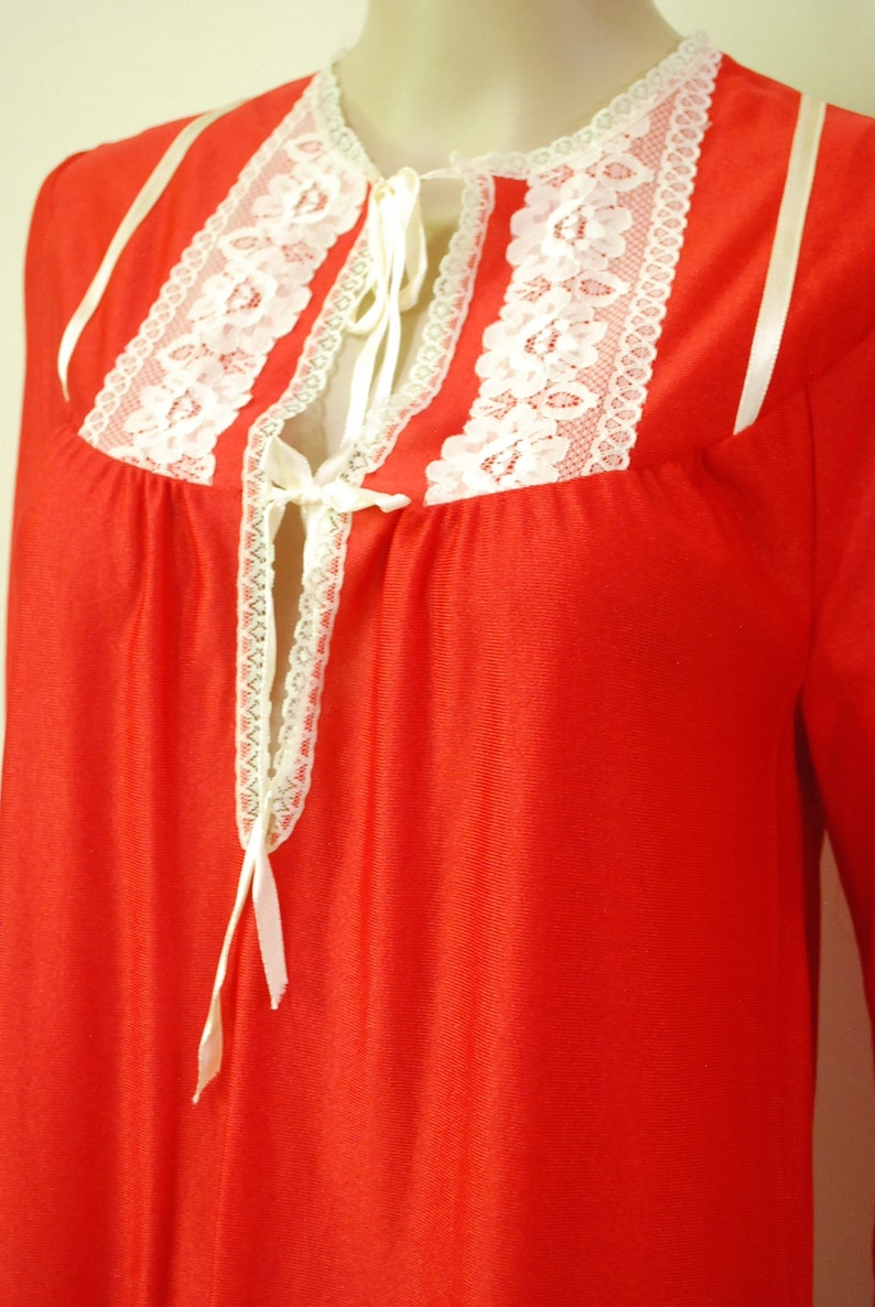 70s Red Lace Slip Nightie Dress Vintage Long Length Long Sleeves Retro Tie Up Front Hippie Lingerie VTG Seventies 1970s Size S-M
