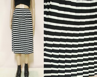 80s Vintage Pleated Striped Ascot Skirt, Accordion Pleat High Waist Mid Length Eighties Retro Black and White Stripes VTG 1980s Size S-M