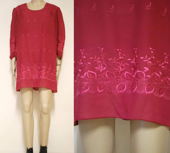 70s Floral Leaf Embroidered Dress, Vintage Seventi