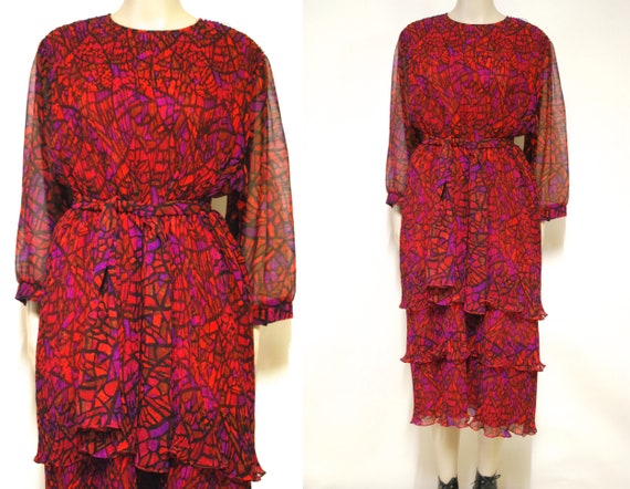 80s Vintage Red Abstract Cubist Print Dress, Tier… - image 1