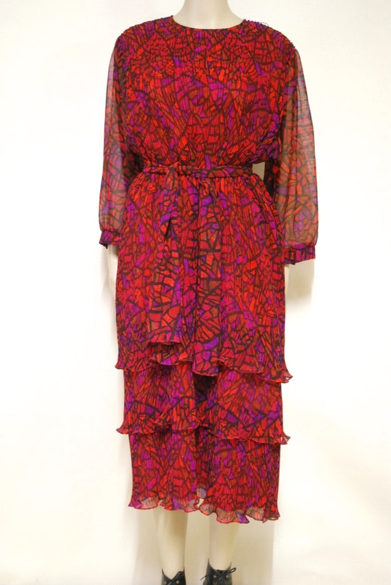 80s Vintage Red Abstract Cubist Print Dress, Tier… - image 2